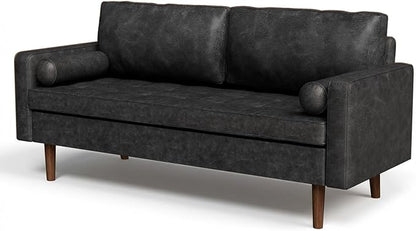 70" Mid-Century Modern Sofa Couch – Faux Leather Loveseat Sofa with Deep Seat & Solid Wood Frame – Includes 2 Accent Pillows – Black Living Room Bedroom Office (Black, 70 inches)