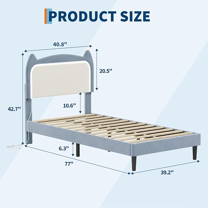 Garvee Twin Upholstered Bed Frame withCute Cat Headboard, Velvet Princess Platform Bed Frame with Sturdy Wood Slats Support for Girls/Kids, No Box Spring Needed, Blue