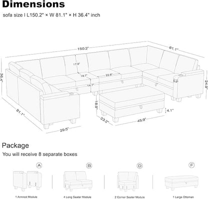 Belffin Oversized U Shaped Modular Sectional Couch for Living Room 10 Seater Modular Sofa Set with Storage Ottoman Large Sectional Couch with Cup Holder White