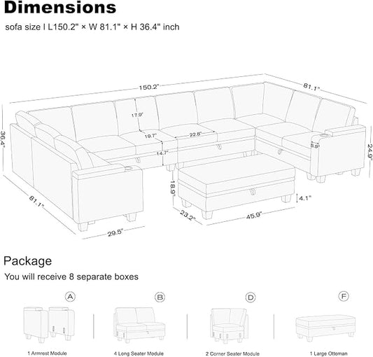 Belffin Oversized U Shaped Modular Sectional Couch for Living Room 10 Seater Modular Sofa Set with Storage Ottoman Large Sectional Couch with Cup Holder White