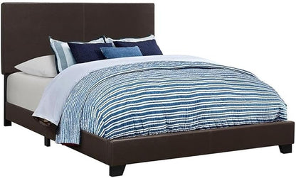 MAKLAINE 4-Piece Wood Eastern King Bedroom Set, Brown and Dark Cocoa Finish, Faux Leather Upholstered Bed, Mirror, Nightstand, Dresser, Mid-Century Modern Style Furniture for Bedroom Decor