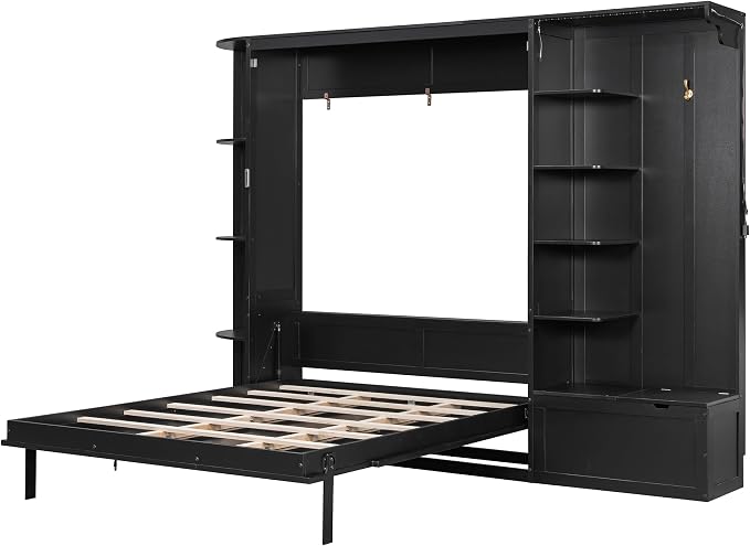 Murphy Bed Queen Size,Murphy Bed with Storage & Lights,Wall Bedframe w/Hidden Fold-Out Legs & Built-in Shelves & Cabinets，Hook,Space-Saving,Black
