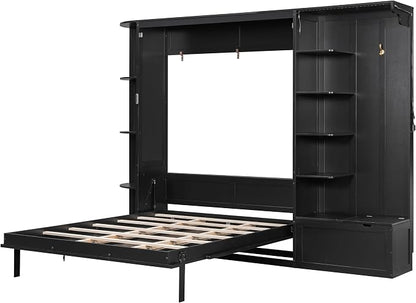 Murphy Bed Queen Size,Murphy Bed with Storage & Lights,Wall Bedframe w/Hidden Fold-Out Legs & Built-in Shelves & Cabinets，Hook,Space-Saving,Black