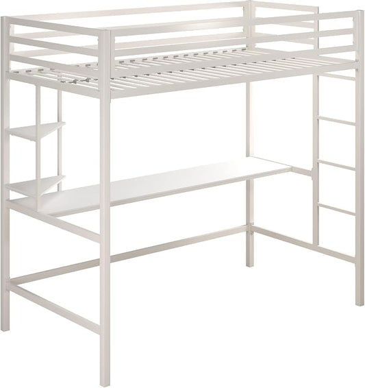 Novogratz Maxwell Metal Twin Loft Bed with Desk & Shelves, Off White/Off White