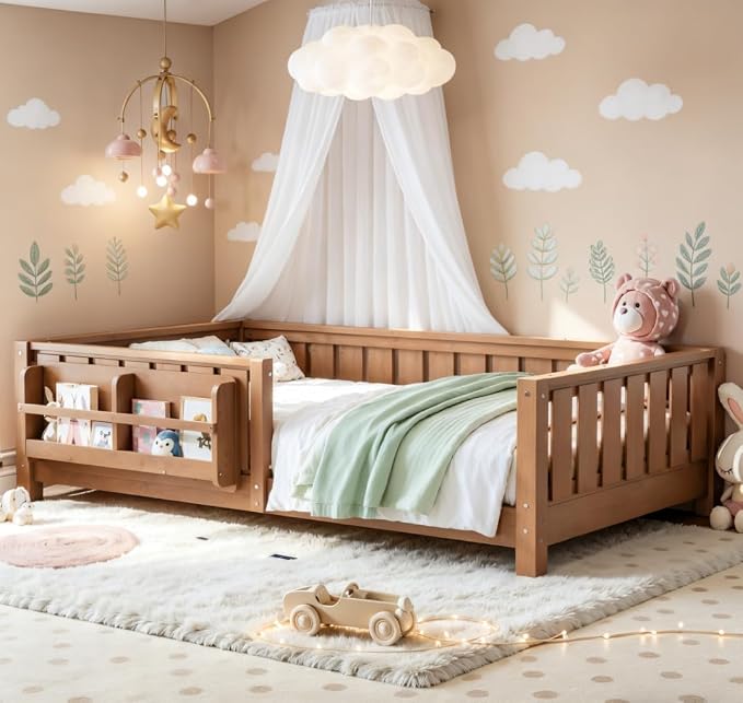 Bellemave Twin Size Floor Bed with high Rails and with Built-in Bookshelf for Kids, Wood Montessori Floor Bed Without Door, Natural