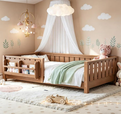 Bellemave Twin Size Floor Bed with high Rails and with Built-in Bookshelf for Kids, Wood Montessori Floor Bed Without Door, Natural