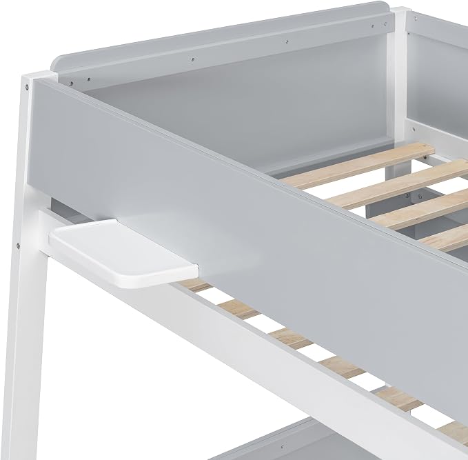 Wood Bunk Bed Twin Over Full with Staircase and Side Shelves | Striped-Design Staircase, Built-In Light Strip, Space-Saving Design, Kids Teens Adults, Versatile Bed Frame