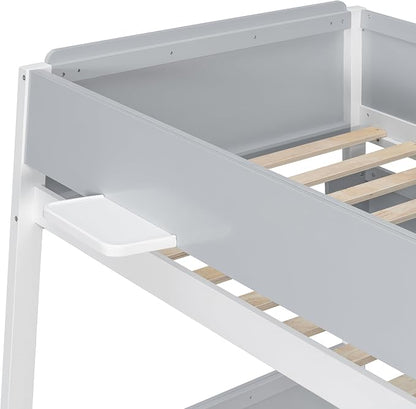 Wood Bunk Bed Twin Over Full with Staircase and Side Shelves | Striped-Design Staircase, Built-In Light Strip, Space-Saving Design, Kids Teens Adults, Versatile Bed Frame