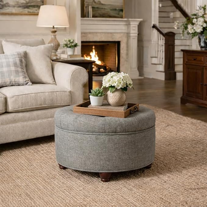 HomePop 25" Button Tufted Round Storage Ottoman - Gray Woven