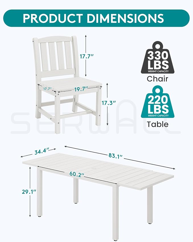 SERWALL Outdoor Patio Dining Set for 6, White | 60" - 83" Expandable Outdoor Dining Table and 6 HDPE Chairs, All Weather Material Outdoor Furniture Set Backyard, Garden