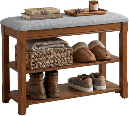 Solid Wood Shoe Bench with Storage, Flip-Top Soft-Close Lid, Adjustable Shelves, Cushioned Entryway Shoe Rack Organizer, 23.6"