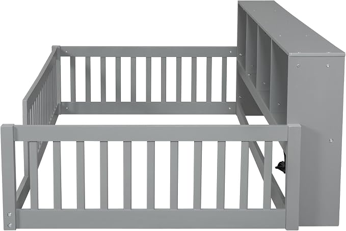 Bellemave Kids Montessori Floor Bed Twin XL Size,Floor Bed Frame with Bookcase and Charging Station for Kids Boys Girls,Gray