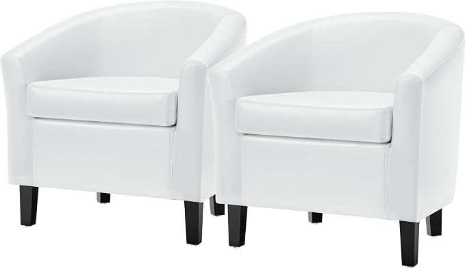 Topeakmart White Leather Chair, Modern and Comfy Accent Chair, Upholstered Barrel Chair with Wooden Legs for Living Room Bedroom Waiting Room, Set of 2, White