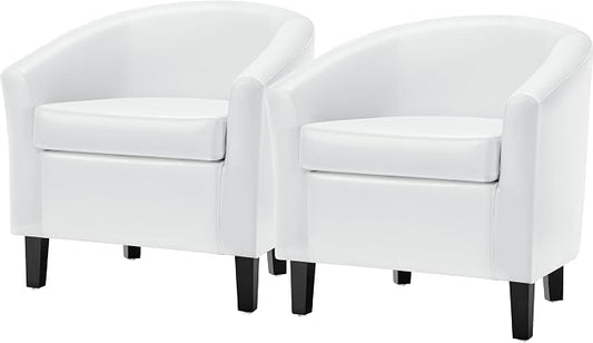 Topeakmart White Leather Chair, Modern and Comfy Accent Chair, Upholstered Barrel Chair with Wooden Legs for Living Room Bedroom Waiting Room, Set of 2, White