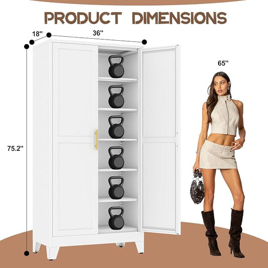 winiowa Tall Metal Kitchen Pantry Storage Cabinet with 2 Doors and 5 Adjustable Shelves - 75.2" Kitchen Cabinet with Gold Handles for Kitchen, Bathroom, Dining Room, Living Room - White