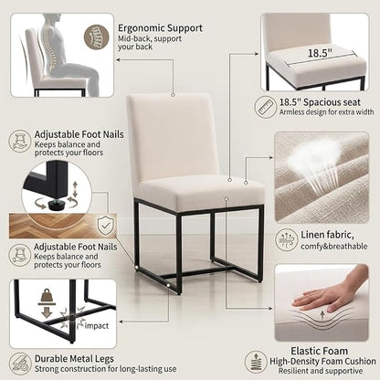 CIMOTA Modern Linen Dining Chair Set of 4, Mid Century Dining Room Chairs Fabric Upholstered Armless Side Chair with Black Sled Base for Dining Room, White Cream 4PCS