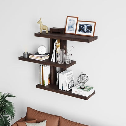 yaqew Variable Wood Floating Shelves Set of 3, Wall Cube Shelves 28.35" Max, Wall Shelves for Living Room Bathroom Bedroom - Dark Walnut Color - 28.35" x 23" x 5.9" Max