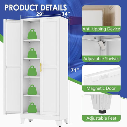 71" Metal Garage Storage Cabinet with 2 Doors, 4 Adjustable Shelves | Metal Storage Cabinets,Steel Tool Cabinets for Home,Office,Garage,Warehouse (White, 71''H x 29''W x 14''D)