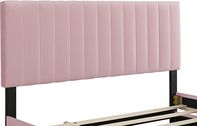 Ball & Cast Queen Bed Frame with Twin XL Size Trundle,Velvet Upholstered Platform Bed Frame Queen Size with Channel Tufted Headboard,Wood Slats Support,No Box Spring Needed,Easy Assembly,Pink