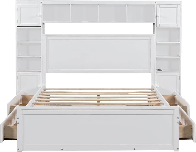 Merax Queen Size Wooden Bed with All-in-One Cabinet, White Platform Bed Frame with 4 Drawers, Shelf and Sockets