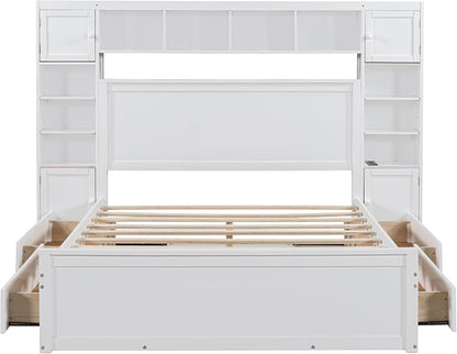 Merax Queen Size Wooden Bed with All-in-One Cabinet, White Platform Bed Frame with 4 Drawers, Shelf and Sockets
