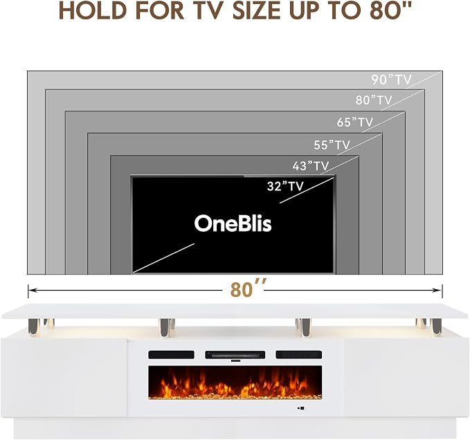 80" Entertainment Center & TV Stand, Modern Media Console with Storage Cabinet, Fits TVs up to 90", Living Room Furniture, 36" Electric Fireplace (All White)