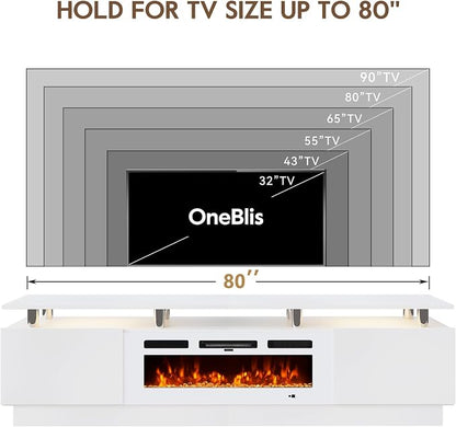80" Entertainment Center & TV Stand, Modern Media Console with Storage Cabinet, Fits TVs up to 90", Living Room Furniture, 36" Electric Fireplace (All White)