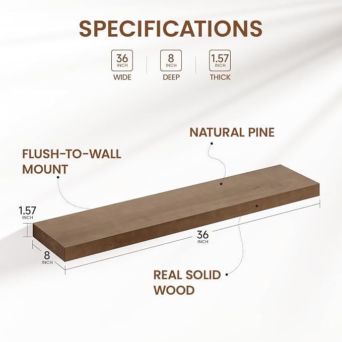 Heimlove Solid Wood Floating Shelves 36 inch, 8 Inch Deep Display Shelves Set of 2, Wall Mounted Floating Shelf with Invisible Brackets for Bathroom Bedroom Kitchen Living Room - American Walnut