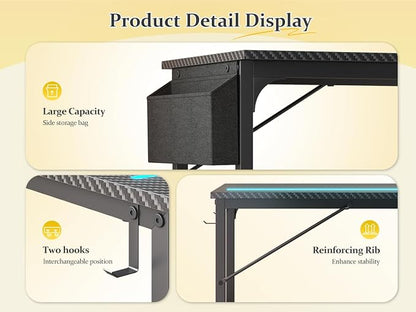 DurayLoly 48" Gaming Desk with Waterproof LED Lights, Carbon Fiber Desktop for Small Spaces | Home Office Study Computer Desk with Storage Bag & Headphone Hook, Black