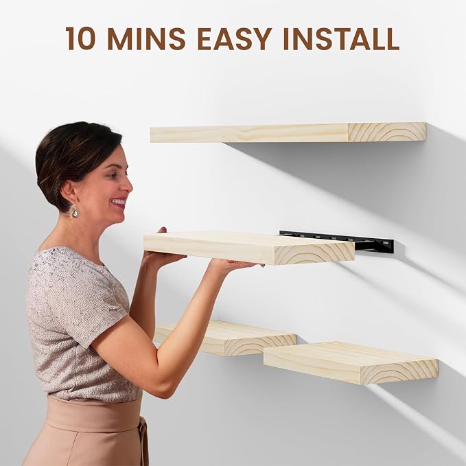 Heimlove Unfinished Wood Floating Shelves, Pine Shelves for Wall Set of 2, Wall Mounted Rustic Wood 8 Inch Deep Floating Shelf with Invisible Brackets for Bedroom Kitchen Living Room - Natural, 16x8