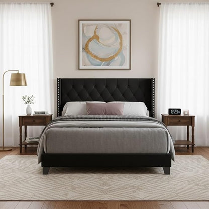HOME DESIGN Homer Queen Tufted Wingback Upholstered Panel Bed with 2 Matching 1 Drawer Nightstands, Bedroom Furniture Set with Open Shelf Storage, Black Brown