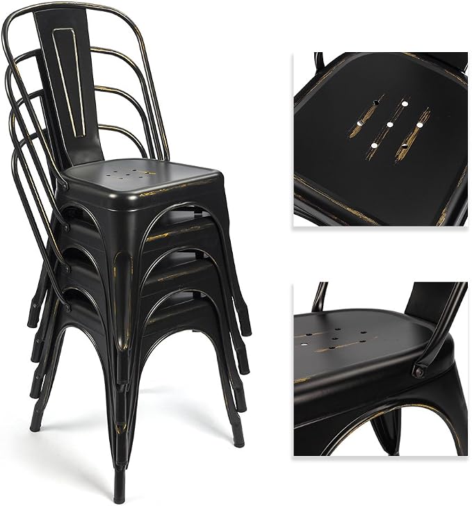 Devoko Metal Indoor-Outdoor Chairs Distressed Style Kitchen Dining Chairs Stackable Side Chairs with Back Set of 4 (Black Gold)