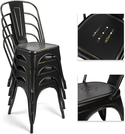 Devoko Metal Indoor-Outdoor Chairs Distressed Style Kitchen Dining Chairs Stackable Side Chairs with Back Set of 4 (Black Gold)