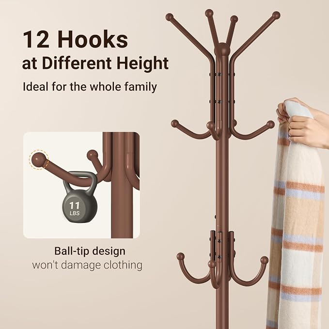 ELYKEN Coat Rack Freestanding, Metal Coat Rack with Umbrella Holder | 12 Hooks, Round Base, Heavy Duty Floor Standing Coat Tree for Entryway, Hallway, Living Room, Bedroom, Office, Brown
