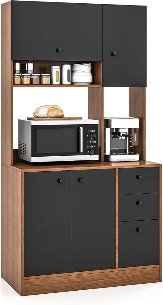 Giantex Kitchen Pantry, Buffet Hutch with 3 Storage Cabinet, 71'' Floor Large Cupboard with 3 Deep Drawers, Wide Countertop, Adjustable Shelves, Tall Sideboard (Walnut & Black)