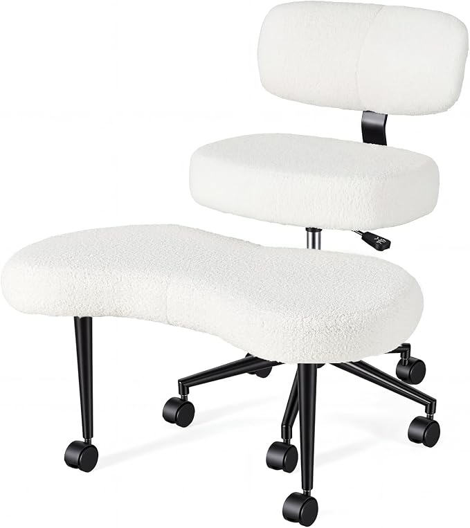 DUMOS Ergonomic ADHD Meditation Office Desk Chair with Adjustable Backrest, Cross Legged Chair Height Adjustable with 360° Swivel Footstool, Yoga Stool for Home Office, Teddy Fabric White
