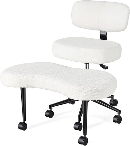 DUMOS Ergonomic ADHD Cross Legged Office Desk Chair with Adjustable Backrest, Height Adjustable Meditation Chair with 360° Swivel Footstool, Teddy Fleece Yoga Stool for Home Office, White