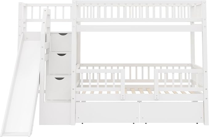 RUNNA Twin Over Twin Bunk Bed with Slide, Storage Drawers, White | Built for kids who play hard and parents who hate clutter. Sturdy wood, safety rails & easy-access drawers—one bed, zero mess