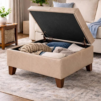 HomePop 28" Faux Leather Square Storage Ottoman - Sand