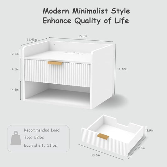 Arbuxzuy Floating Nightstand Set of 2 with Charging Station, Modern Wall Mounted Bedside Table with Drawer & Open Shelf, Minimalist Wooden Night Stand for Bedroom (White)