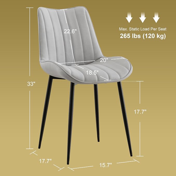 VECELO Dining Chairs Set of 6, Velvet Fabric & Metal Frame, Mordern Style for Kitchen, Living Room,Offcie, Light Grey