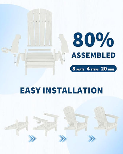 Folding Adirondack Chair Set of 2 with Ottoman, All-Weather HDPE Outdoor Chair, Wooden Textured with Cup Holder for patios, Decks, Gardens, fire pits, White