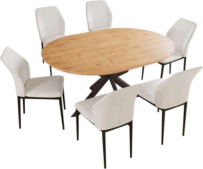 HIPIHOM 43.2"-59.1" Extendable Round Dining Table and PU Chairs for 4-6 | Mid century modern oak MDF board, scratch resistant surface, space saving, easy to clean, coffee table style