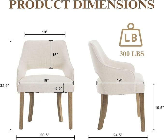 Linen Upholstered Dining Chairs Set of 2 with Arms | Cream Linen Fabric, Breathable Upholstery, Curved Backrest, Cushioned Seat, Solid Wood Legs, Farmhouse Style For Dining Room