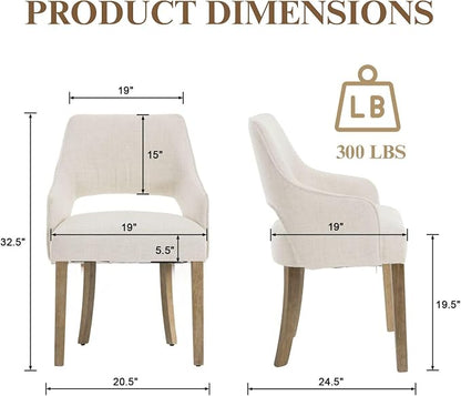 Linen Upholstered Dining Chairs Set of 2 with Arms | Cream Linen Fabric, Breathable Upholstery, Curved Backrest, Cushioned Seat, Solid Wood Legs, Farmhouse Style For Dining Room
