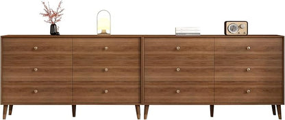 6 Drawer Dresser For Bedroom, 2 PCS 47 Inch Dresser for Closet with Walnut Frame, Modern Wood Chest of Drawers with Natural Texture & Pre-Embedded Slots For TV Stand, Living Room, Hallway, Office