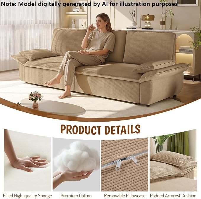 94.5'' Sleeper Sofa Bed King Size, Modern Corduroy Pull Out Couch, 3-in-1 Convertible Futon Sofa, 3 Seater Couches, Cloud Recliner, Pillow Arm, for Living Room, Apartment, RV, Offices, Camel