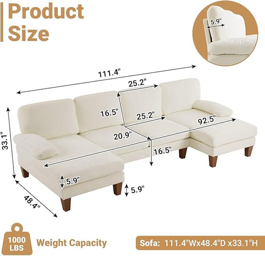 VINGLI 110" Sectional Couches for Living Room,U Shaped Couch with Double Chaise, 4-Seat Sofa Set with Chenille Fabric for Home Furniture,Beige