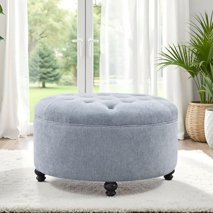 HUIMO 30-Inch Round Storage Ottoman, Modern Button Tufted Ottoman Coffee Table for Living Room, Bedroom and Office(Light Blue)