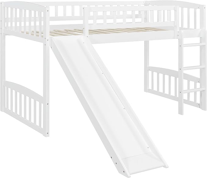 Twin Size Loft Bed, Wood Loft Bed with Slide and Ladder, White